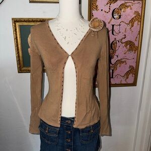 Max Studio Tan Y2K Blouse with Flower Detail